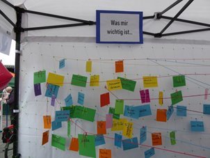 bunte Zettelwand mit Fäden verbunden
